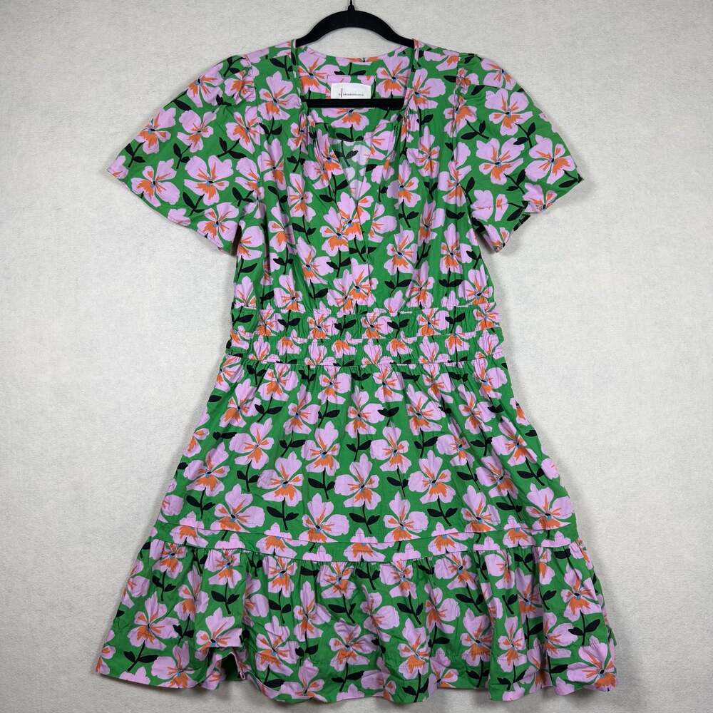 Anthropologie Dress Womens Large Somerset Mini Dress Green Pink Floral Tiered